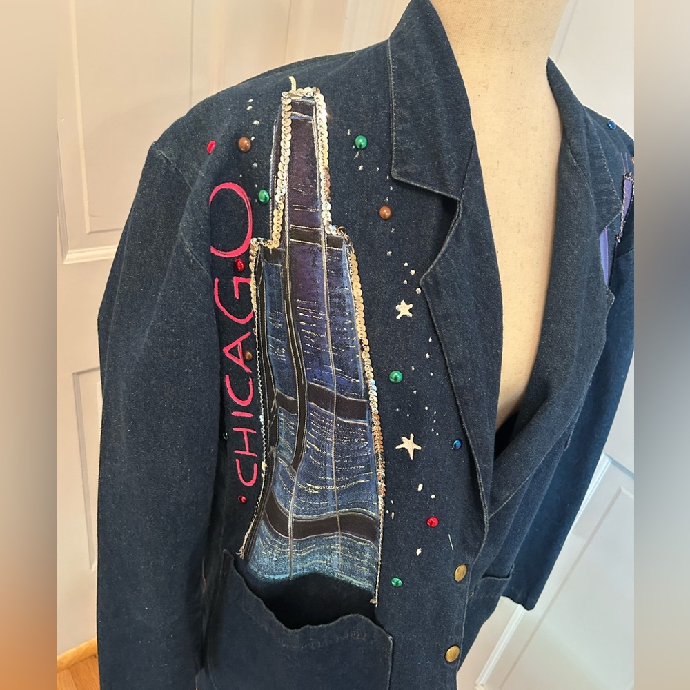 VTG‎ 80s/90s DECO Sport Hand-Painted Chicago Denim Blazer Sz 6/M Made in USA - Picture 4 of 17
